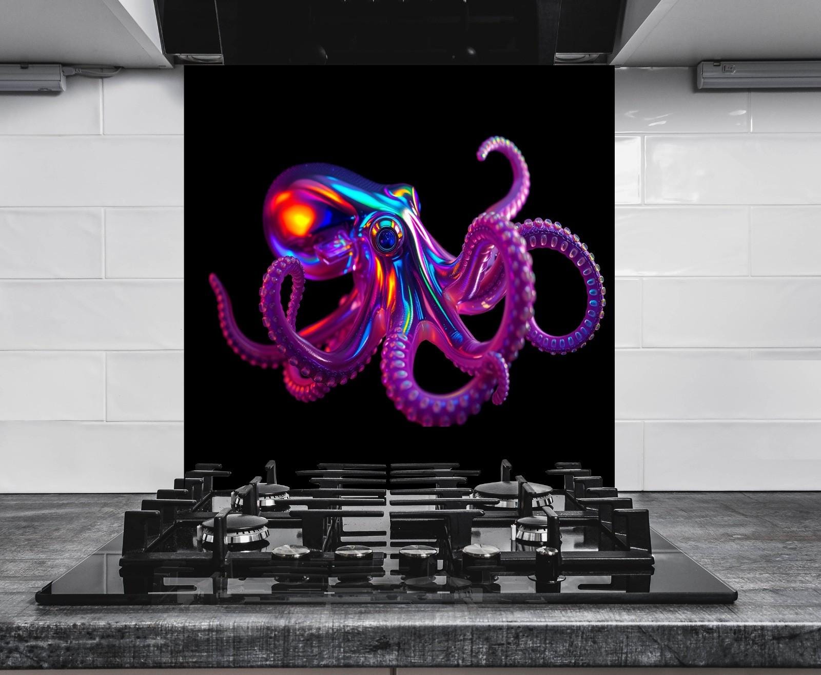 an octopus on a black background with a red light in its mouth