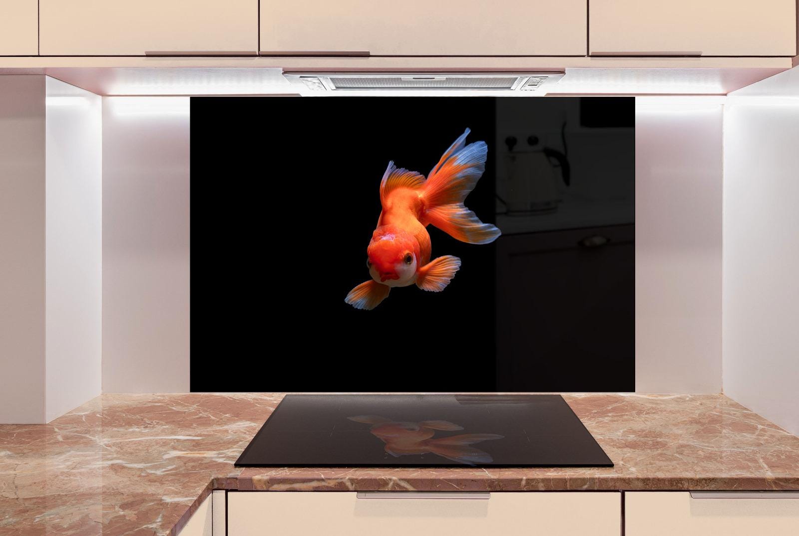 a vibrant orange goldfish swimming against a black background, creating a striking visual contrast.