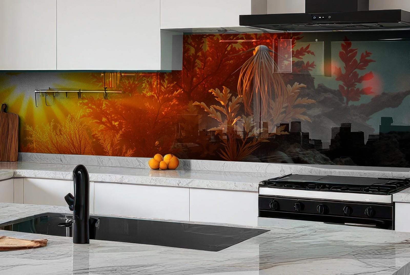 a kitchen with a marble counter top and white cabinets