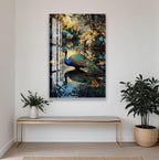 a large painting of a peacock standing in a pond, surrounded by a lush, colorful garden. The painting is hung on a white wall above a wooden bench, which is positioned in front of a potted plant.