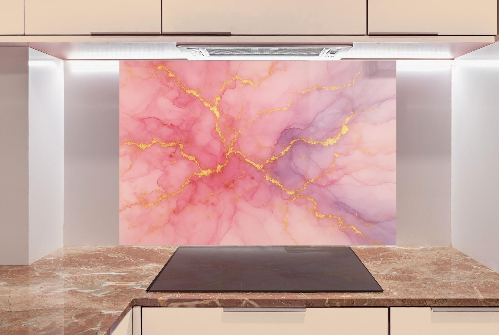 a kitchen counter with a painting on the wall