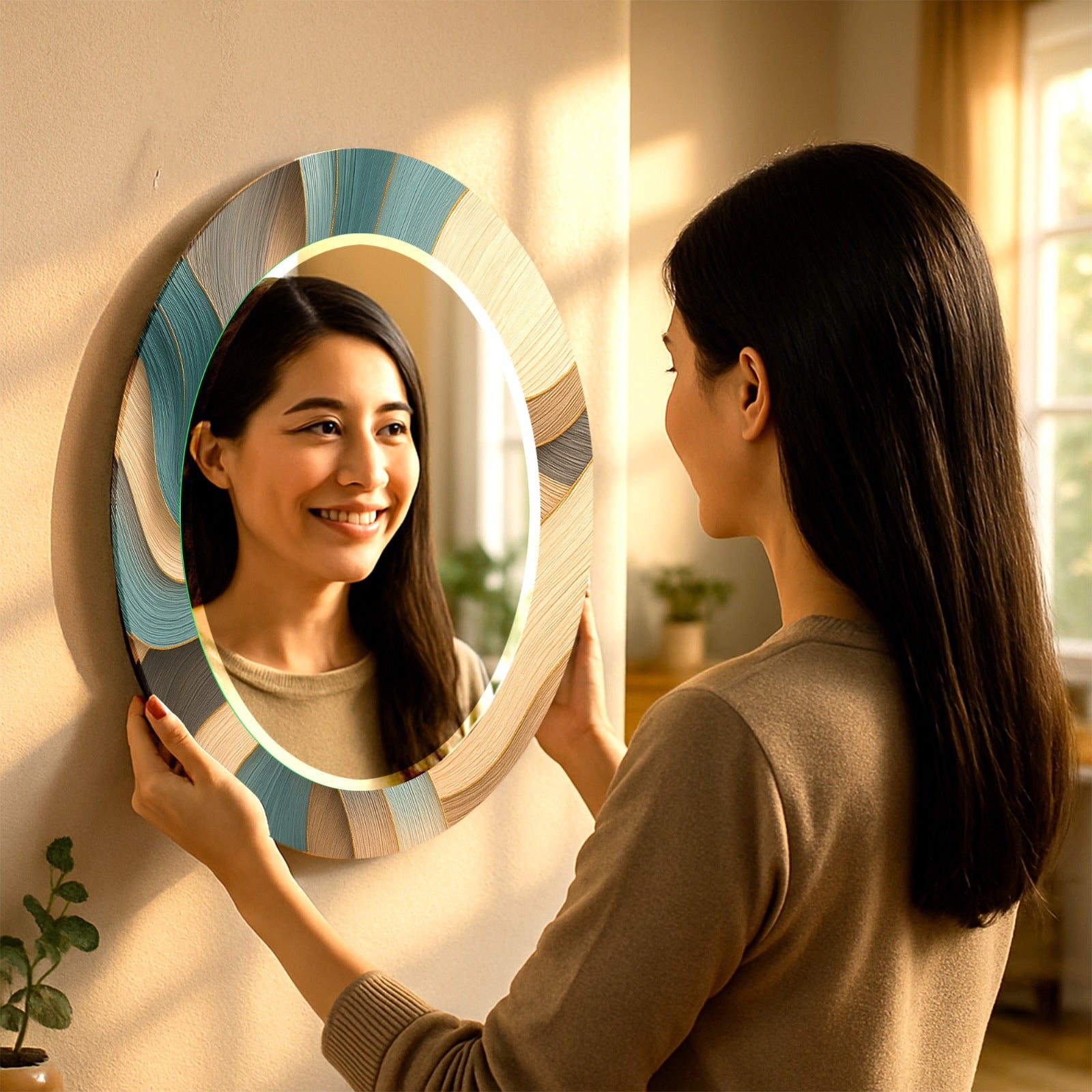 Modern UV printed glass mirror with abstract wave design, stylish decorative wall piece.