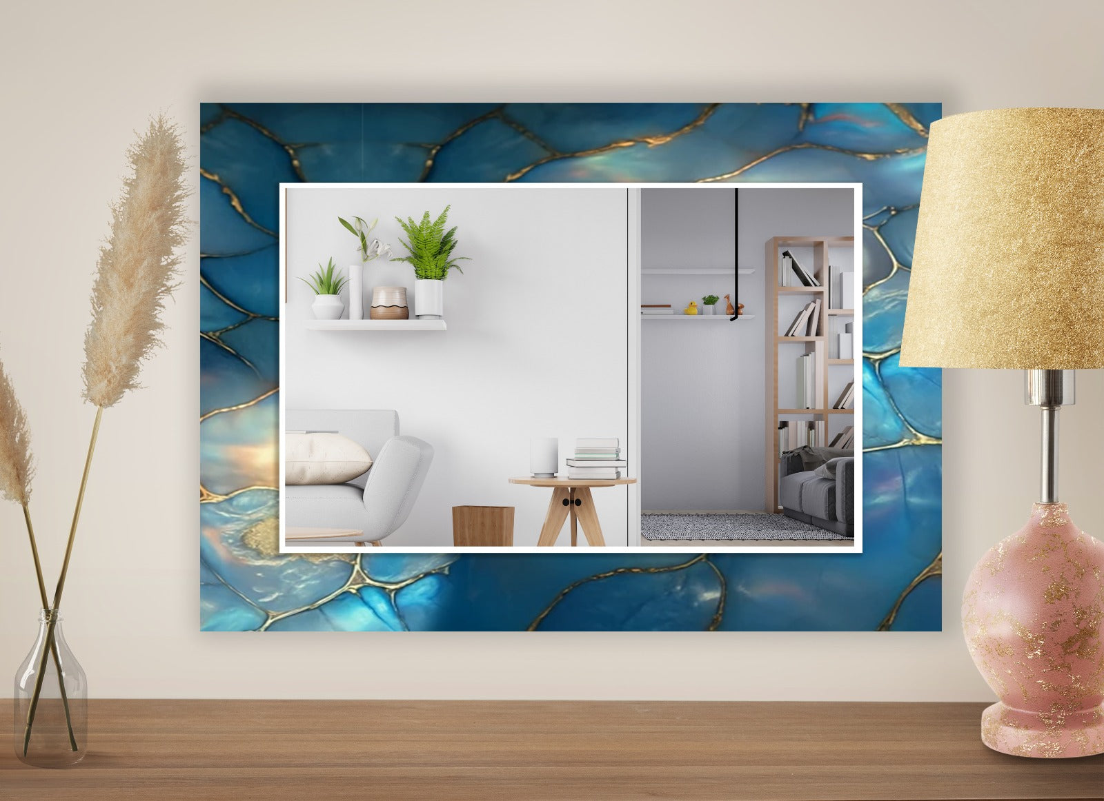 Artistic agate-inspired tempered glass mirror with glossy UV print, stylish home decor.