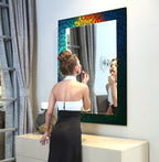 Artistic rainbow mosaic tempered glass mirror, vibrant decorative wall decor.