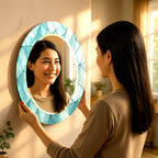 Artistic tempered glass mirror with modern geometric pattern in blue tones