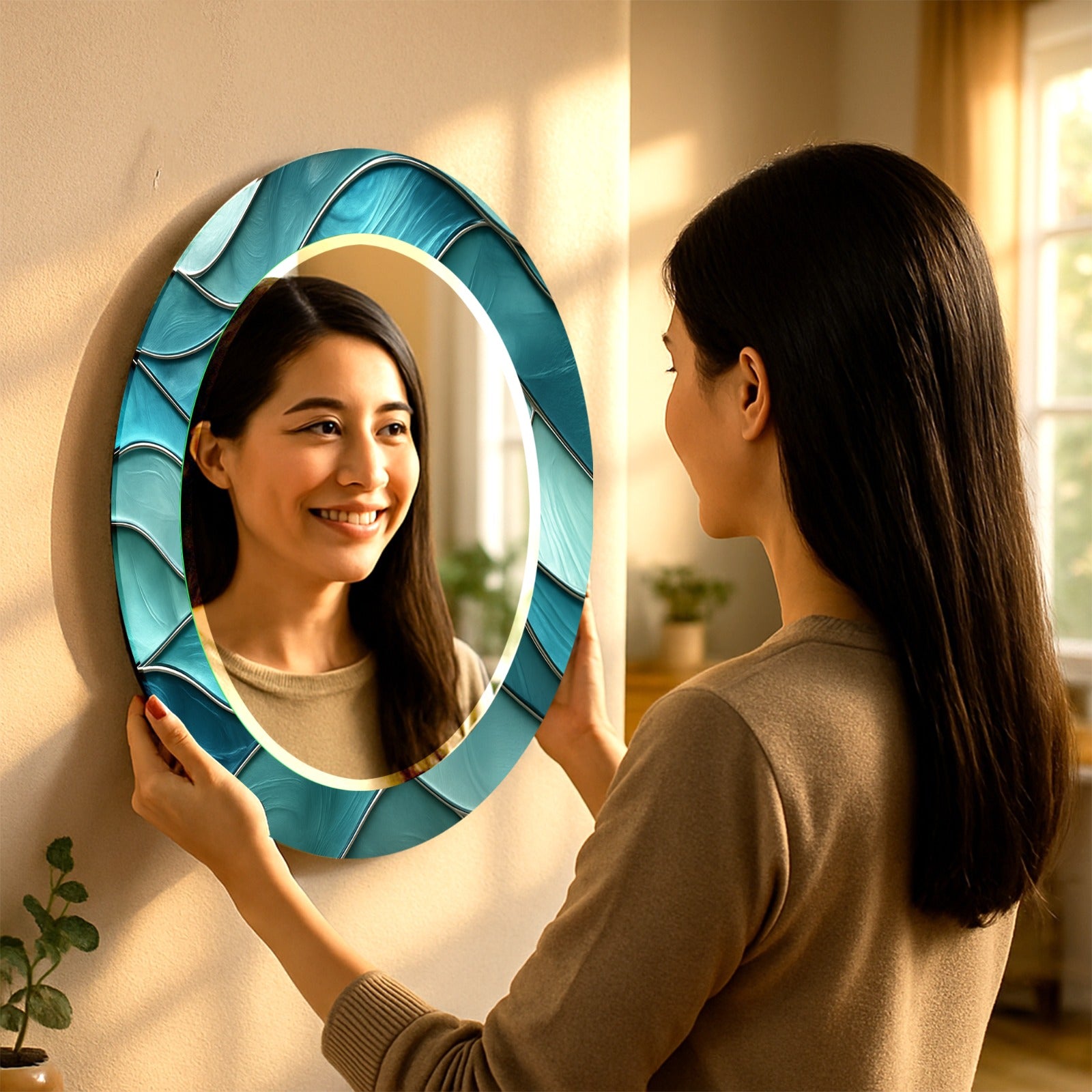 Artistic tempered glass mirror with ocean wave inspired blue line pattern.
