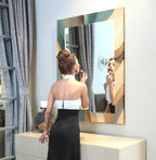 Beige and teal artistic tempered glass mirror, rectangular wall art for contemporary interiors.