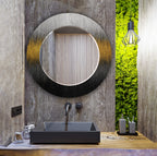 Elegant tempered glass mirror with abstract gold and black artwork for modern interiors.