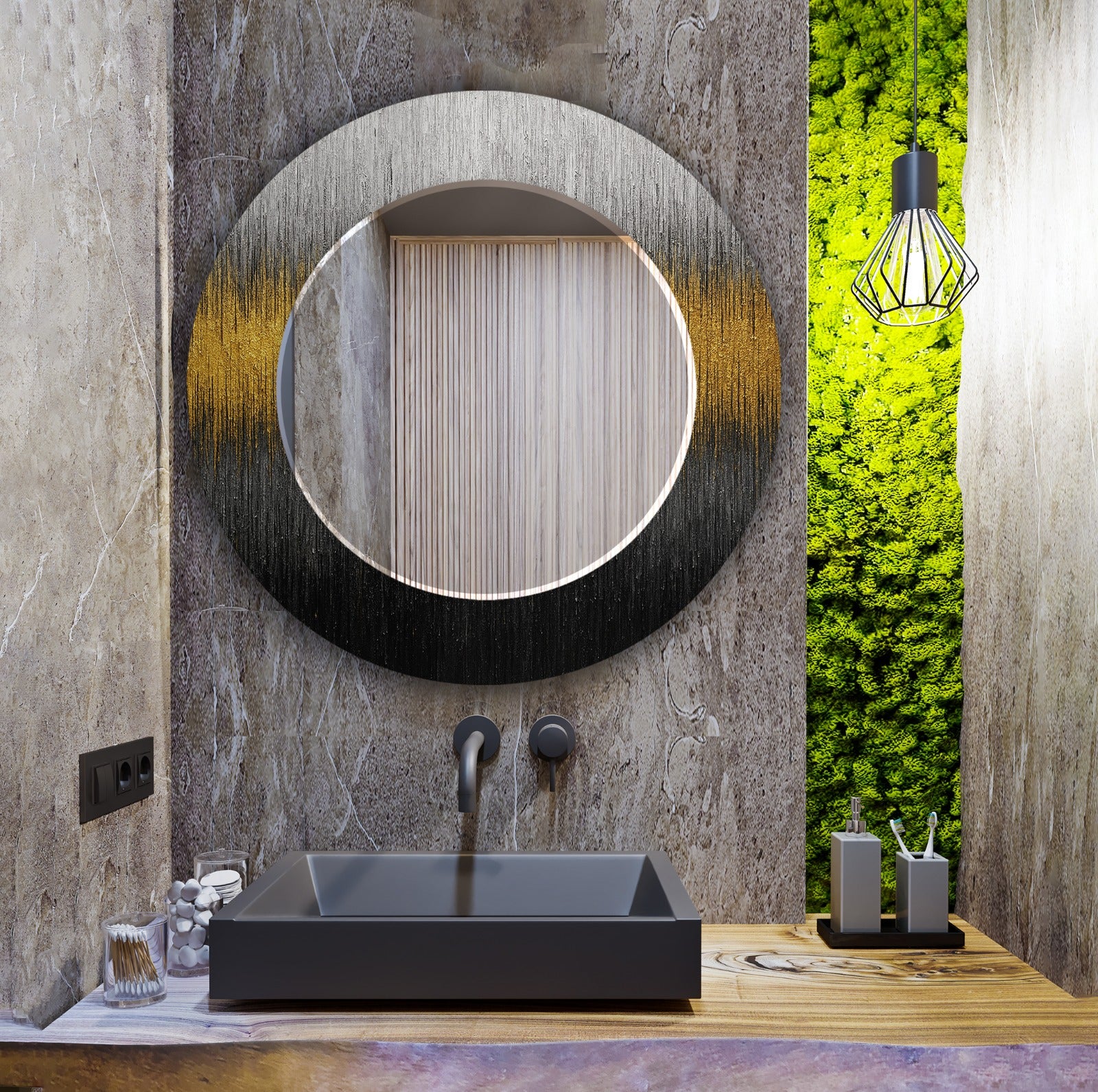Elegant tempered glass mirror with abstract gold and black artwork for modern interiors.