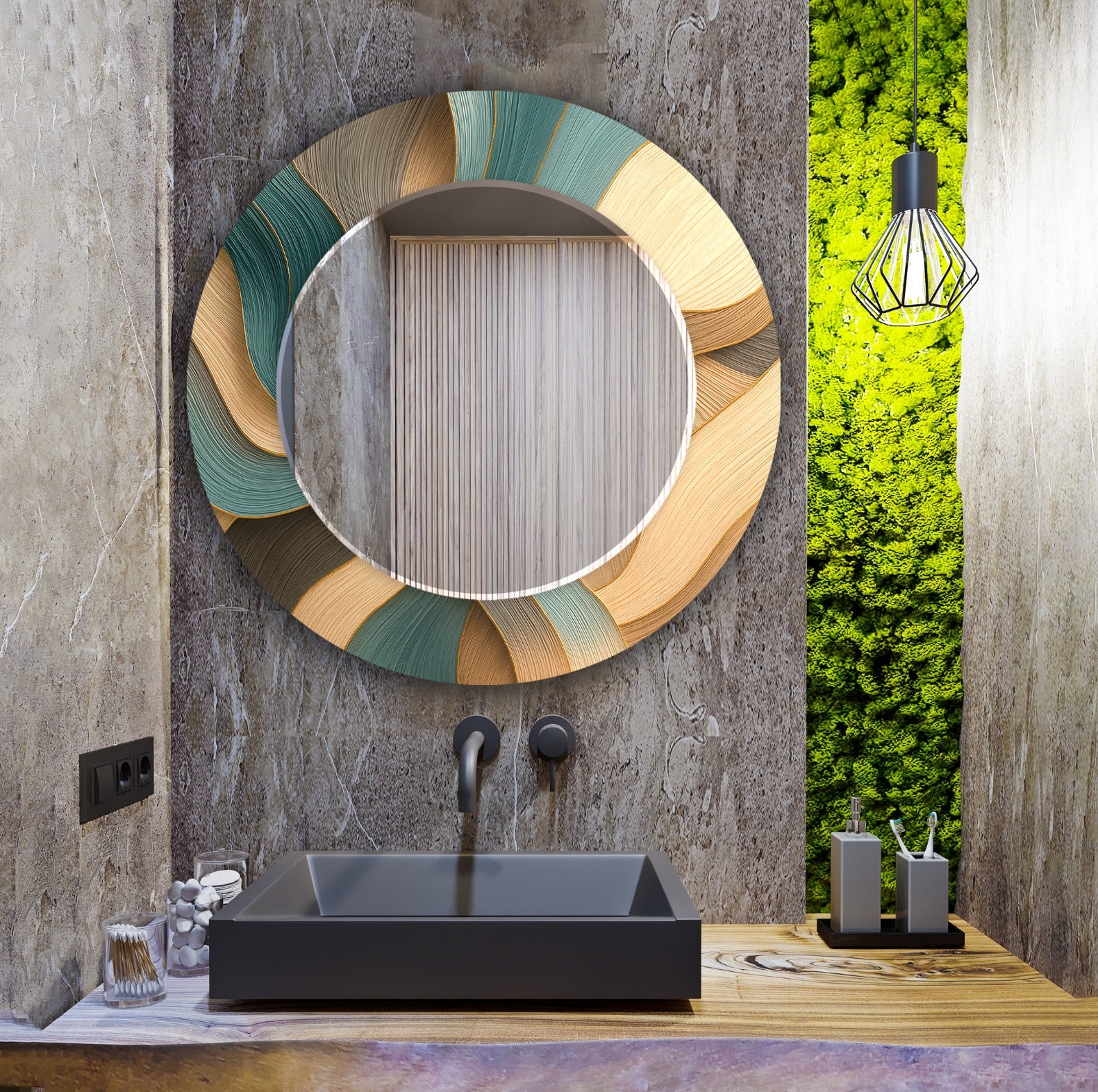 Elegant decorative glass mirror with neutral wave pattern, perfect for bathroom or living room.
