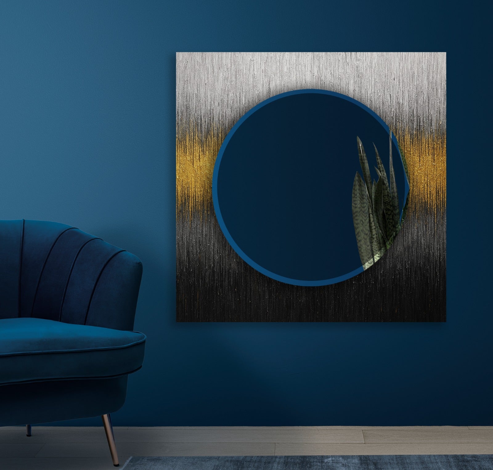 Elegant tempered glass mirror with abstract gold and black artwork for modern interiors.