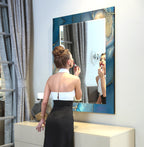 Luxury blue and gold decorative glass mirror, ideal for bathroom or living room walls.