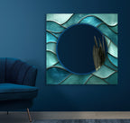 Luxury decorative glass mirror featuring abstract blue wave artwork, stylish wall decor.