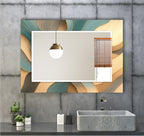 Luxury wall mirror featuring abstract wave artwork in beige and teal tones.