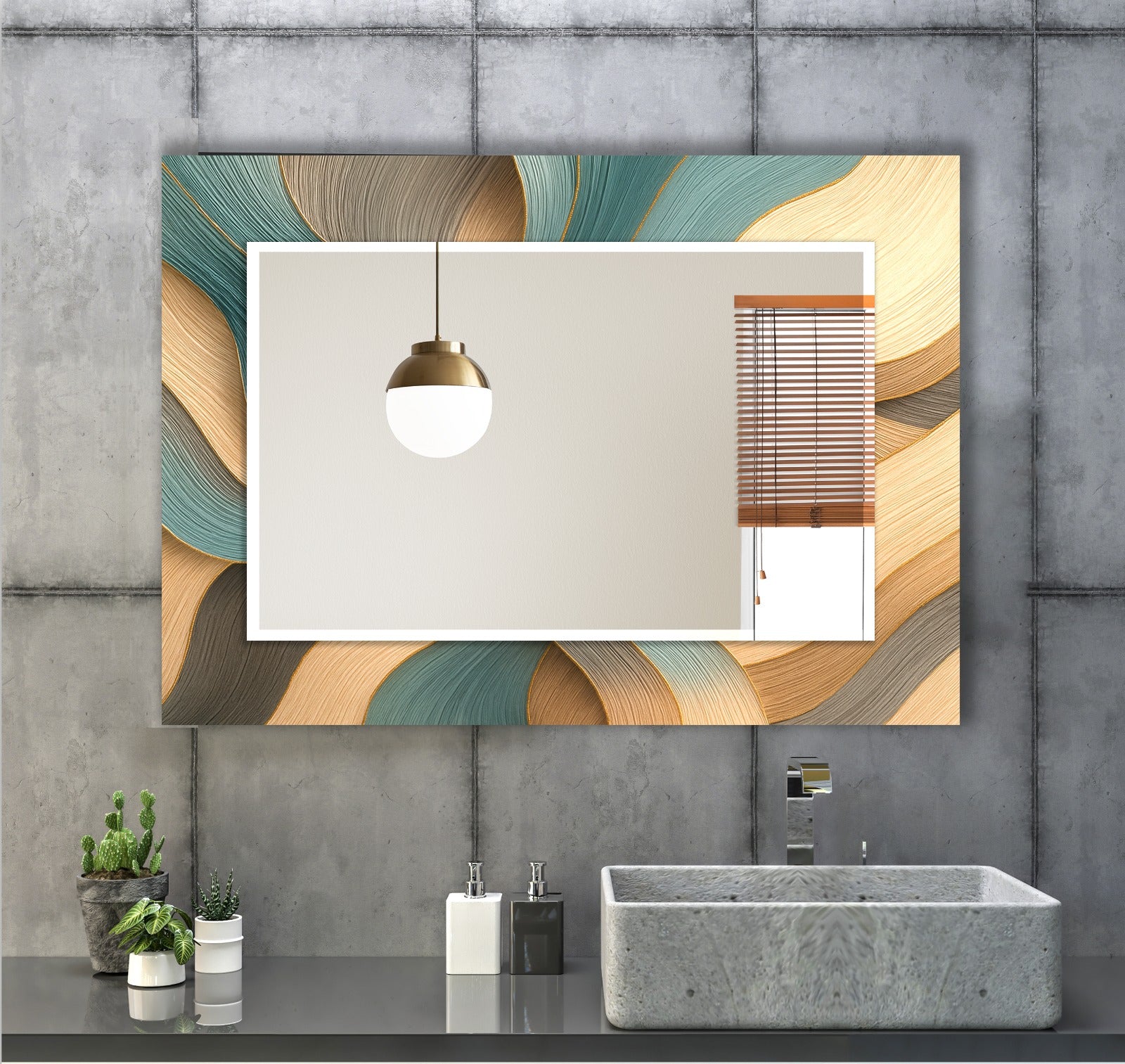 Luxury wall mirror featuring abstract wave artwork in beige and teal tones.