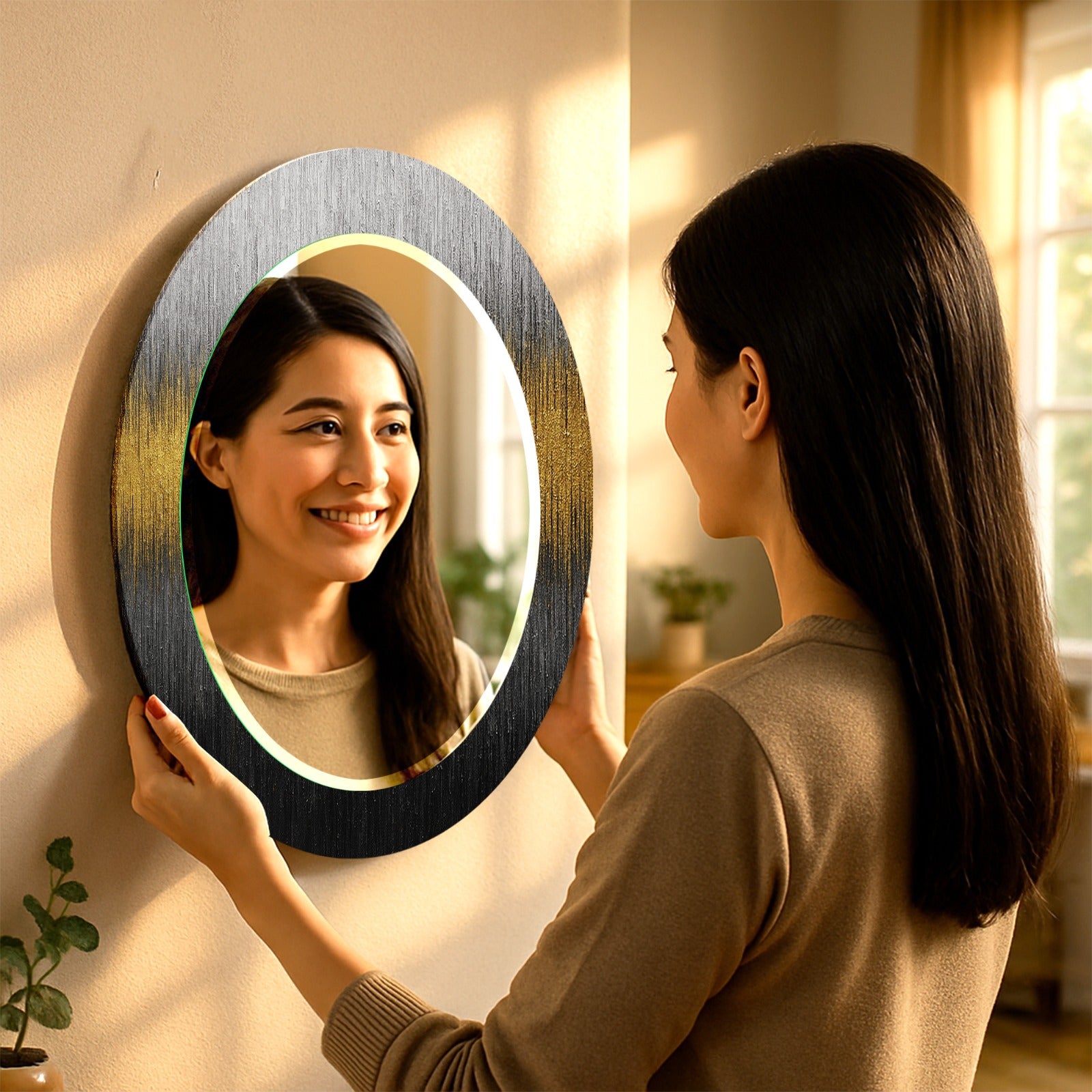 Modern black and gold gradient tempered glass mirror with UV printed design, luxury wall art decor.