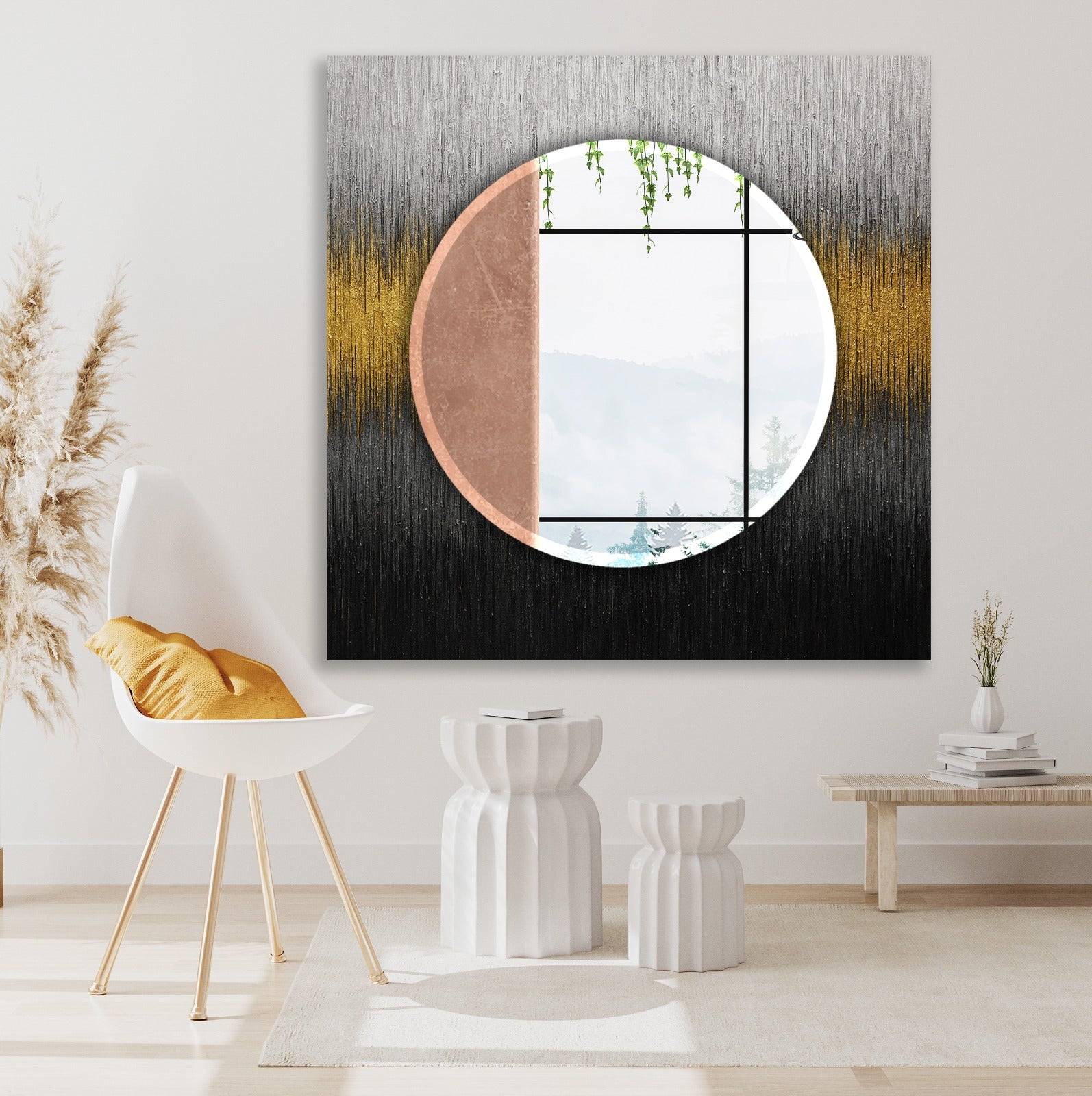 Modern black and gold gradient tempered glass mirror with UV printed design, luxury wall art decor.