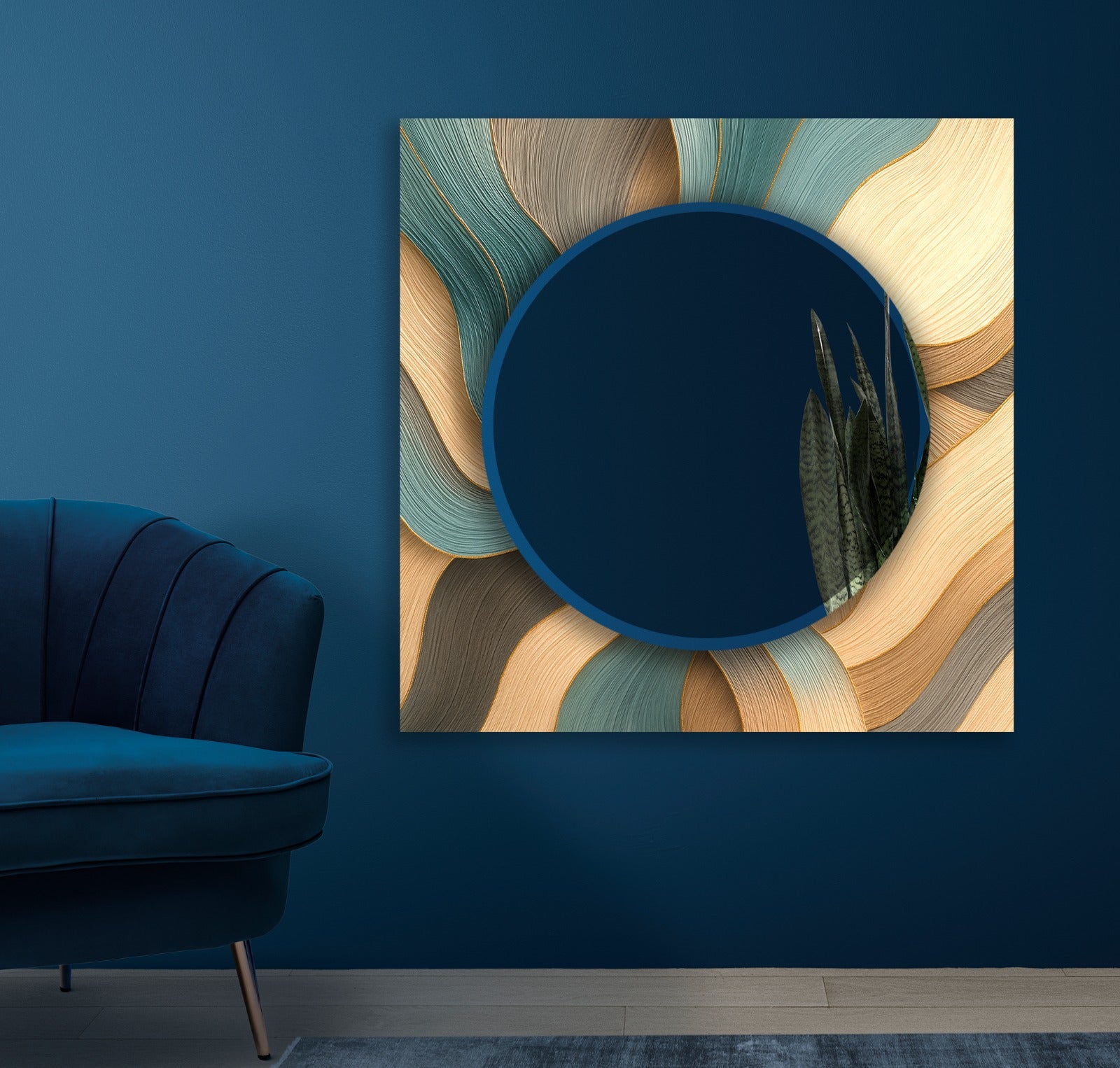 Modern UV printed glass mirror with abstract wave design, stylish decorative wall piece.