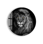Modern glass wall art featuring a majestic lion in bold contrast.