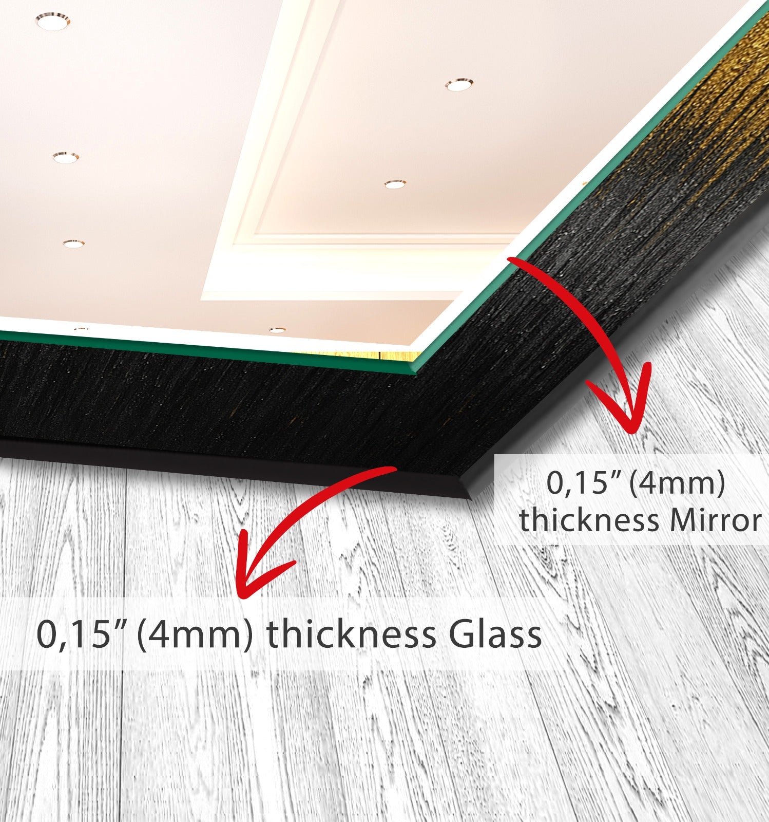 Modern black and gold gradient tempered glass mirror with UV printed design, luxury wall art decor.