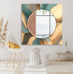 Rectangular tempered glass mirror with beige and teal wave pattern, modern UV printed design.
