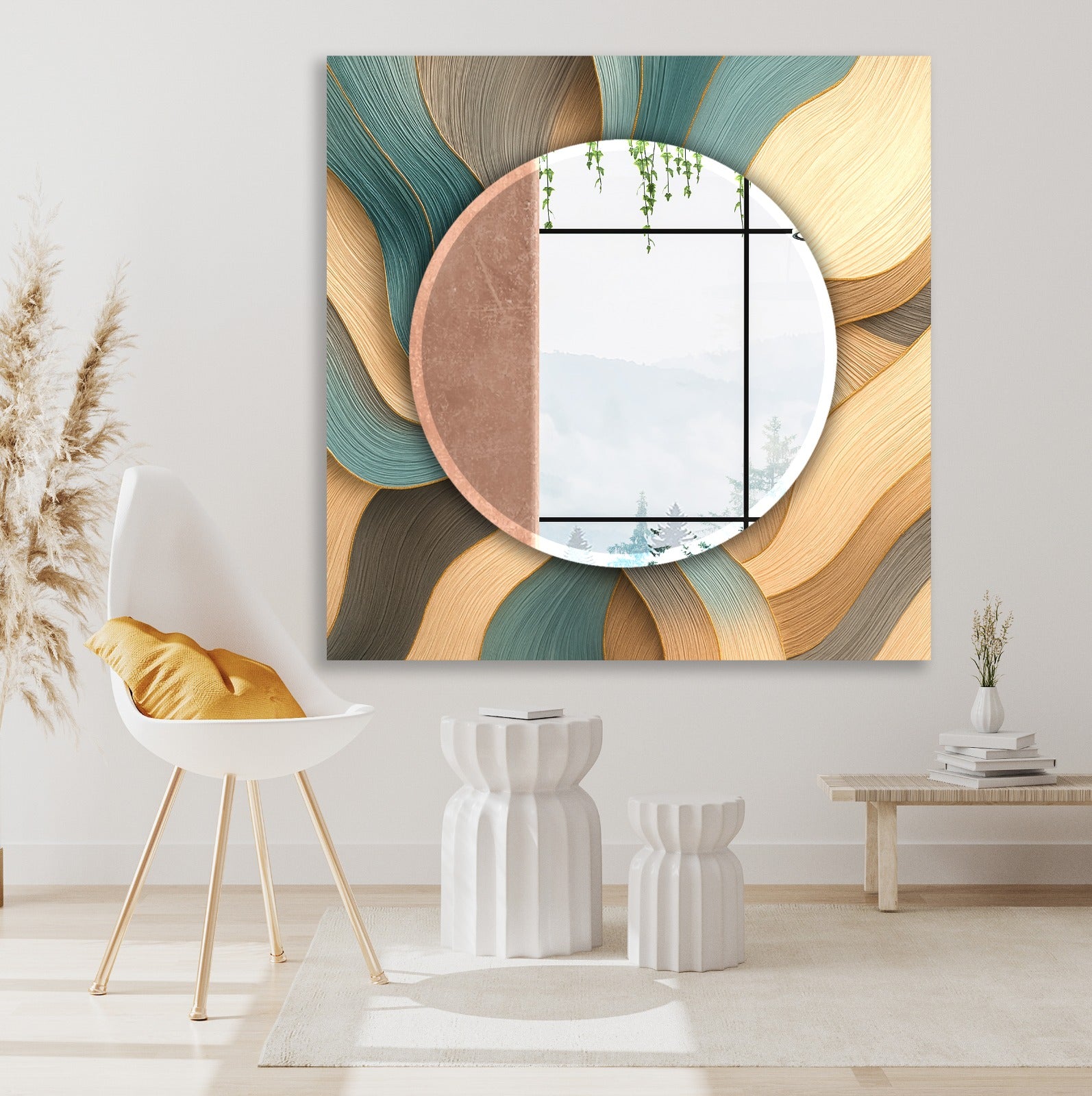 Rectangular tempered glass mirror with beige and teal wave pattern, modern UV printed design.