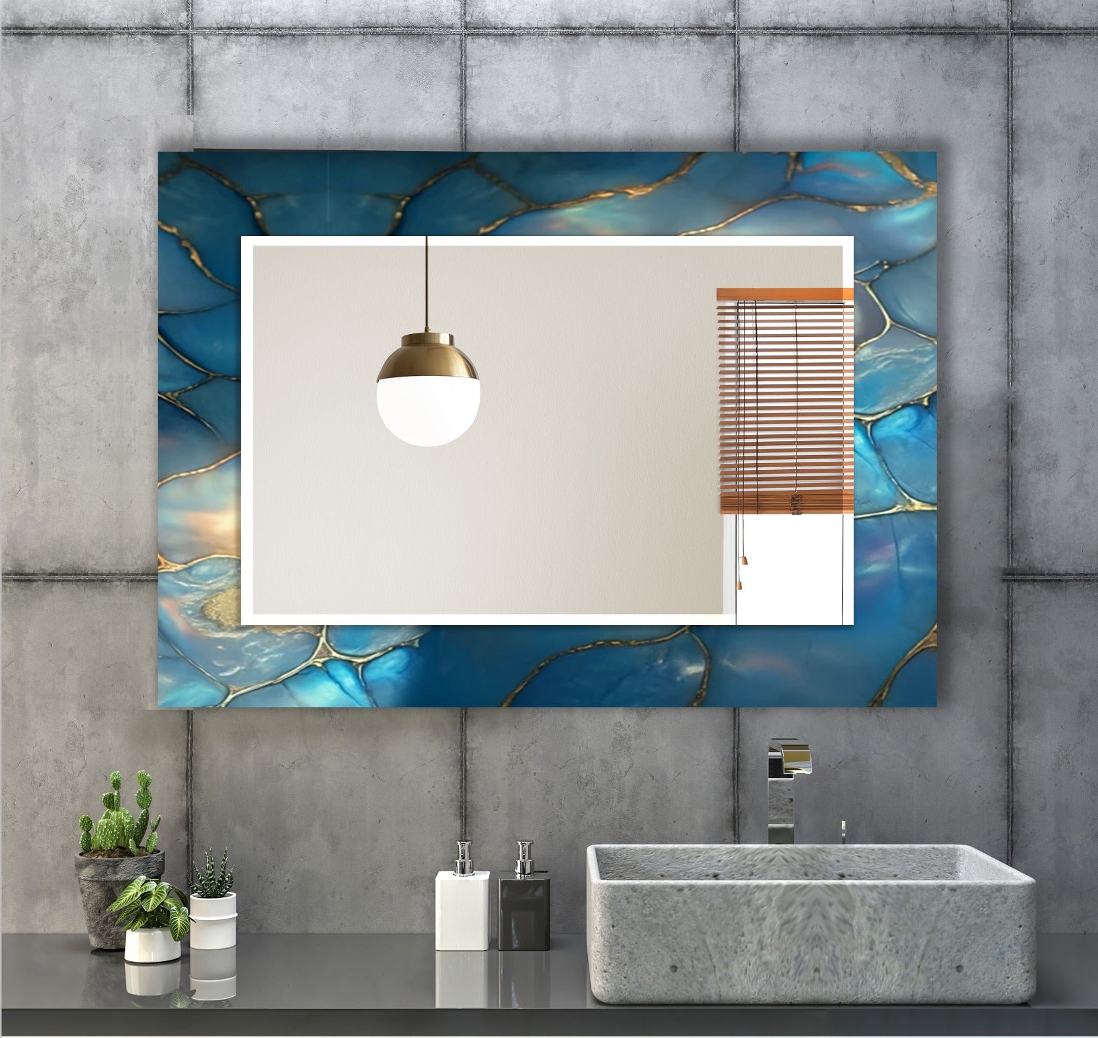 Rectangular tempered glass mirror with blue agate stone pattern, UV printed modern wall art.