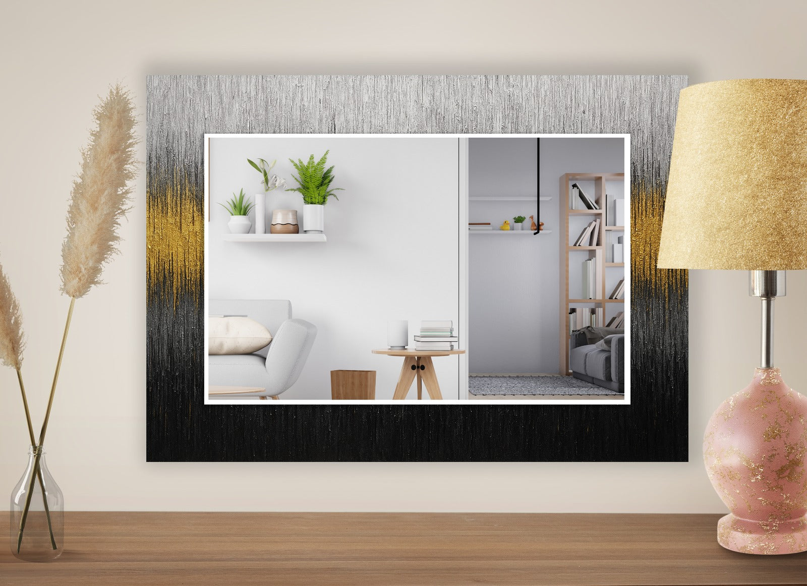 Round center decorative glass mirror with metallic black and gold gradient frame.