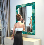 Blue Leaf Pattern Tempered Glass Mirror – Modern UV Printed Wall Art Design