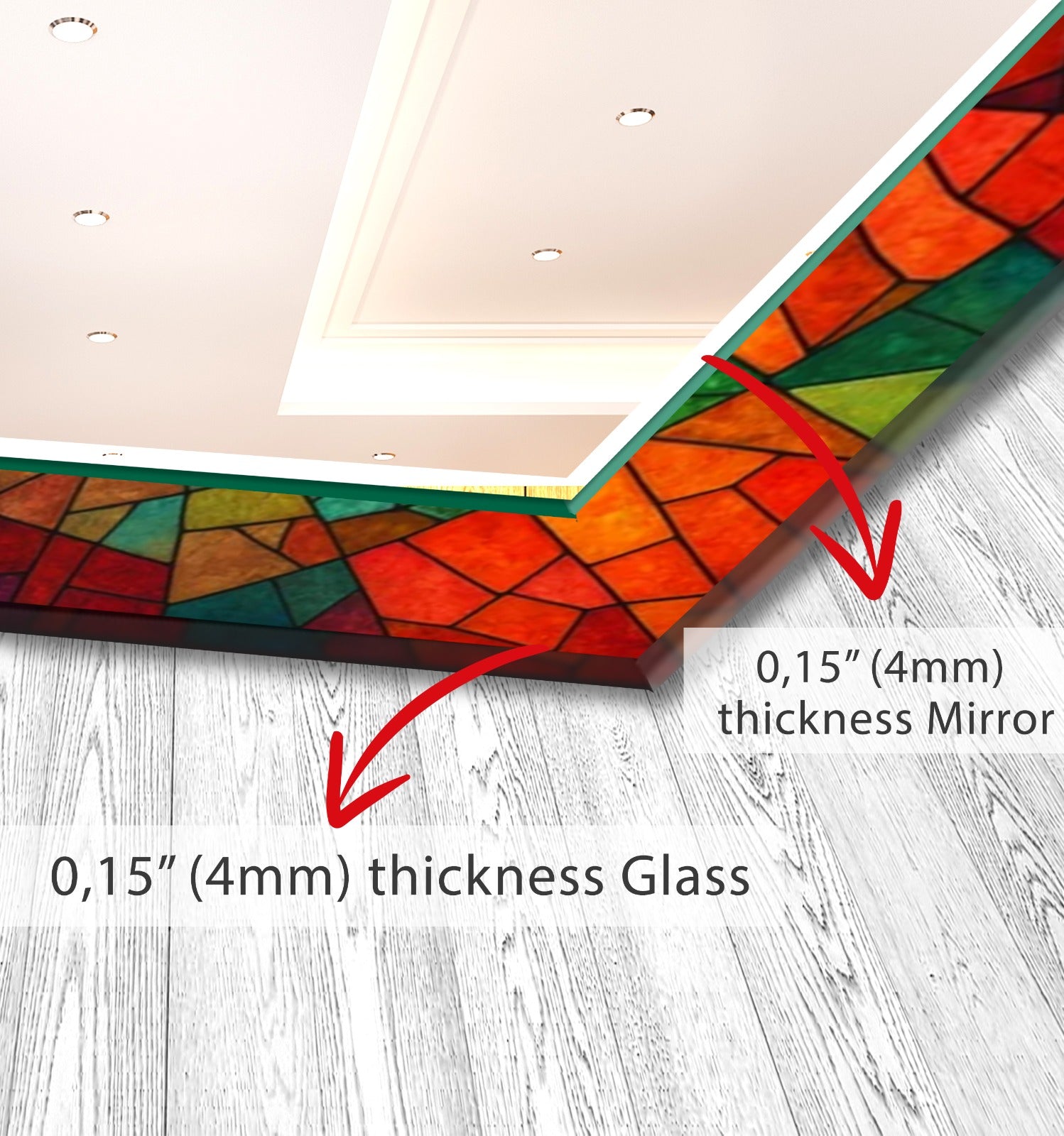 Colorful Stained Glass Tempered Mirror – Modern UV Printed Wall Art with Round Reflective Center