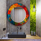 Colorful Stained Glass Tempered Mirror – Modern UV Printed Wall Art with Round Reflective Center