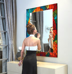 Colorful Stained Glass Tempered Mirror – Modern UV Printed Wall Art with Round Reflective Center