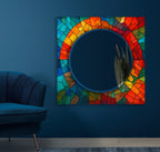 Colorful Stained Glass Tempered Mirror – Modern UV Printed Wall Art with Round Reflective Center