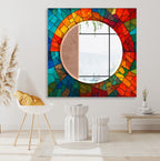 Colorful Stained Glass Tempered Mirror – Modern UV Printed Wall Art with Round Reflective Center