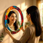 Colorful Stained Glass Tempered Mirror – Modern UV Printed Wall Art with Round Reflective Center