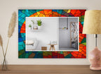Colorful Stained Glass Tempered Mirror – Modern UV Printed Wall Art with Round Reflective Center