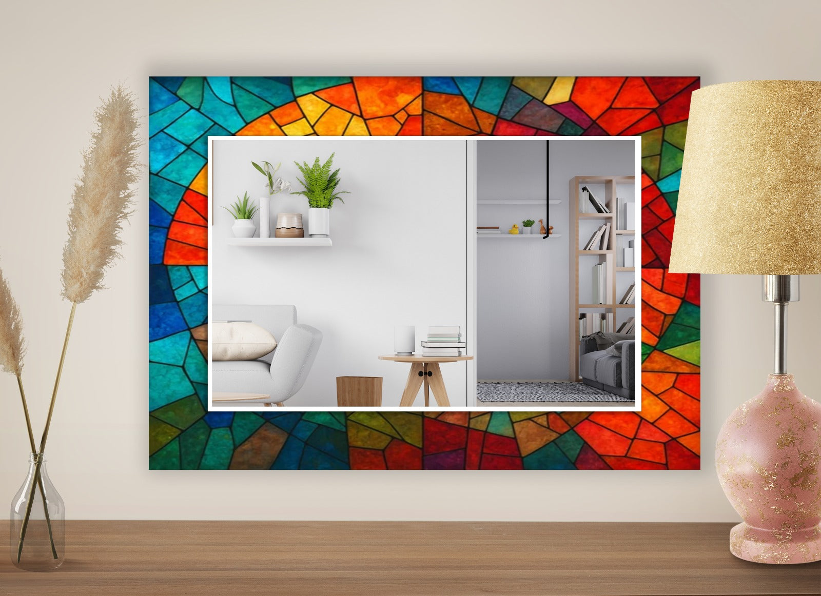 Colorful Stained Glass Tempered Mirror – Modern UV Printed Wall Art with Round Reflective Center