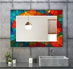 Colorful Stained Glass Tempered Mirror – Modern UV Printed Wall Art with Round Reflective Center