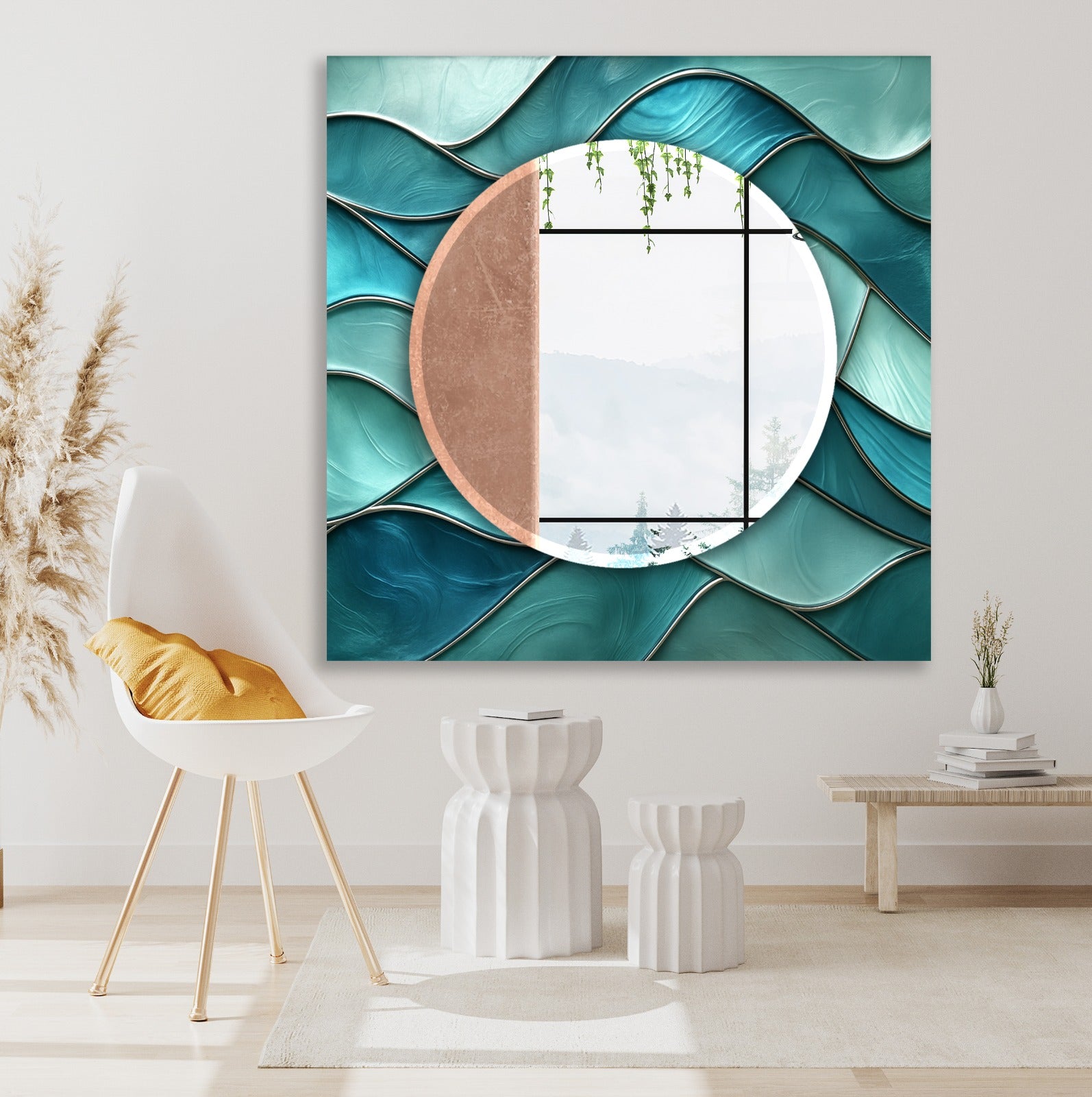 Geometric Blue Pattern Tempered Glass Mirror – Modern Oval UV Printed Wall Art (Kopya)