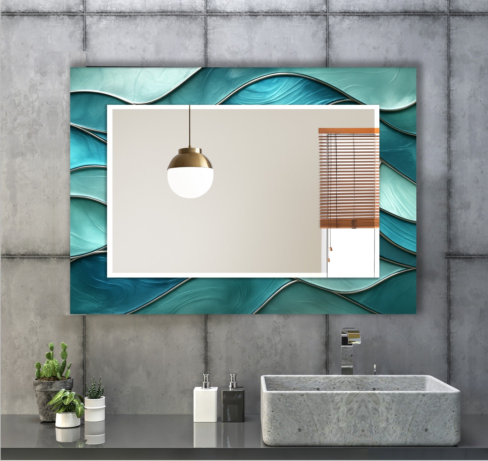 Geometric Blue Pattern Tempered Glass Mirror – Modern Oval UV Printed Wall Art (Kopya)