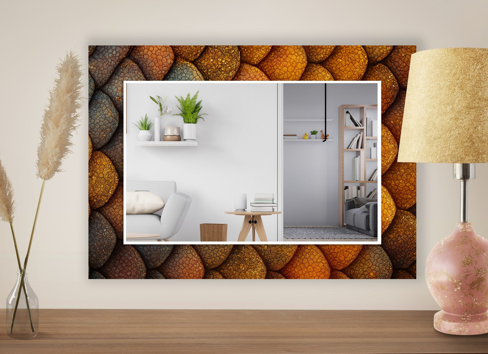 Bronze Scale Pattern Tempered Glass Mirror – Modern Oval UV Printed Wall Art