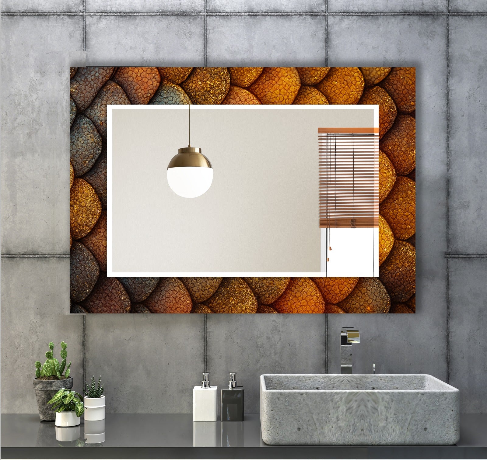 Bronze Scale Pattern Tempered Glass Mirror – Modern Oval UV Printed Wall Art