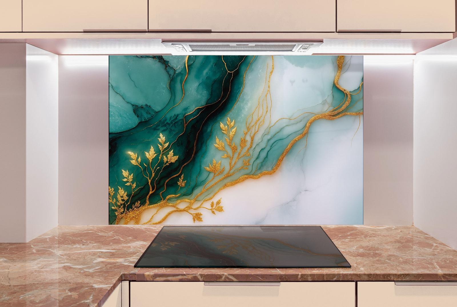 a kitchen with marble counter tops and a painting on the wall