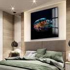 a bedroom with a large bed, a framed artwork of a jellyfish on the wall, and a pendant light hanging above the bed.