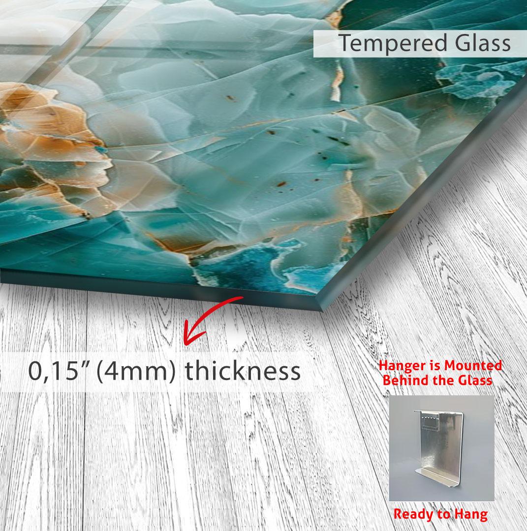 The image is a close-up of a glass surface with a textured, marble-like pattern. The glass appears to be Tempered Glass, which is known for its durability and resistance to scratches. The image also includes a text overlay that provides information about the glass, such as its thickness and the fact that it is mounted behind the glass.