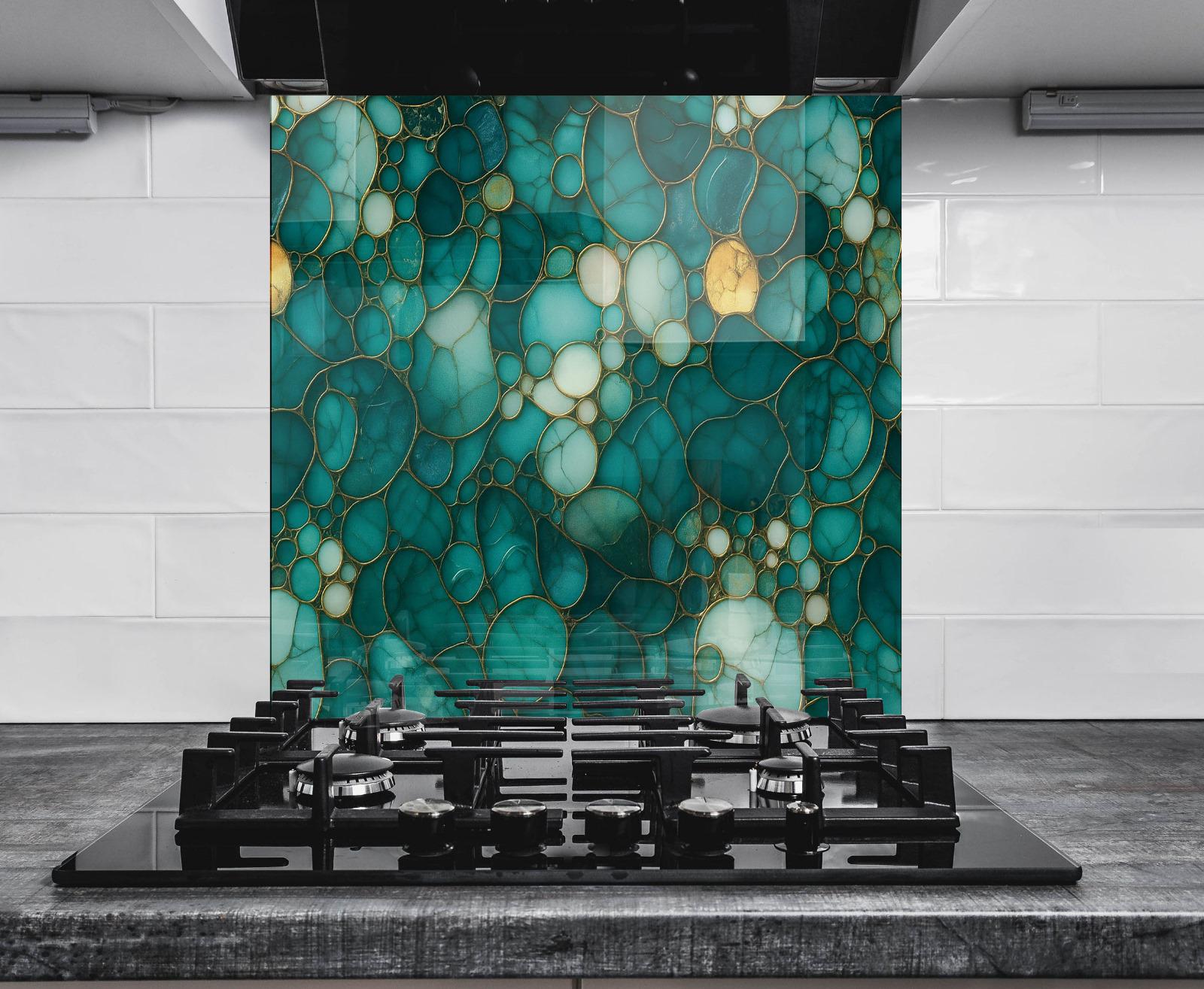 a stove top sitting in front of a tiled wall