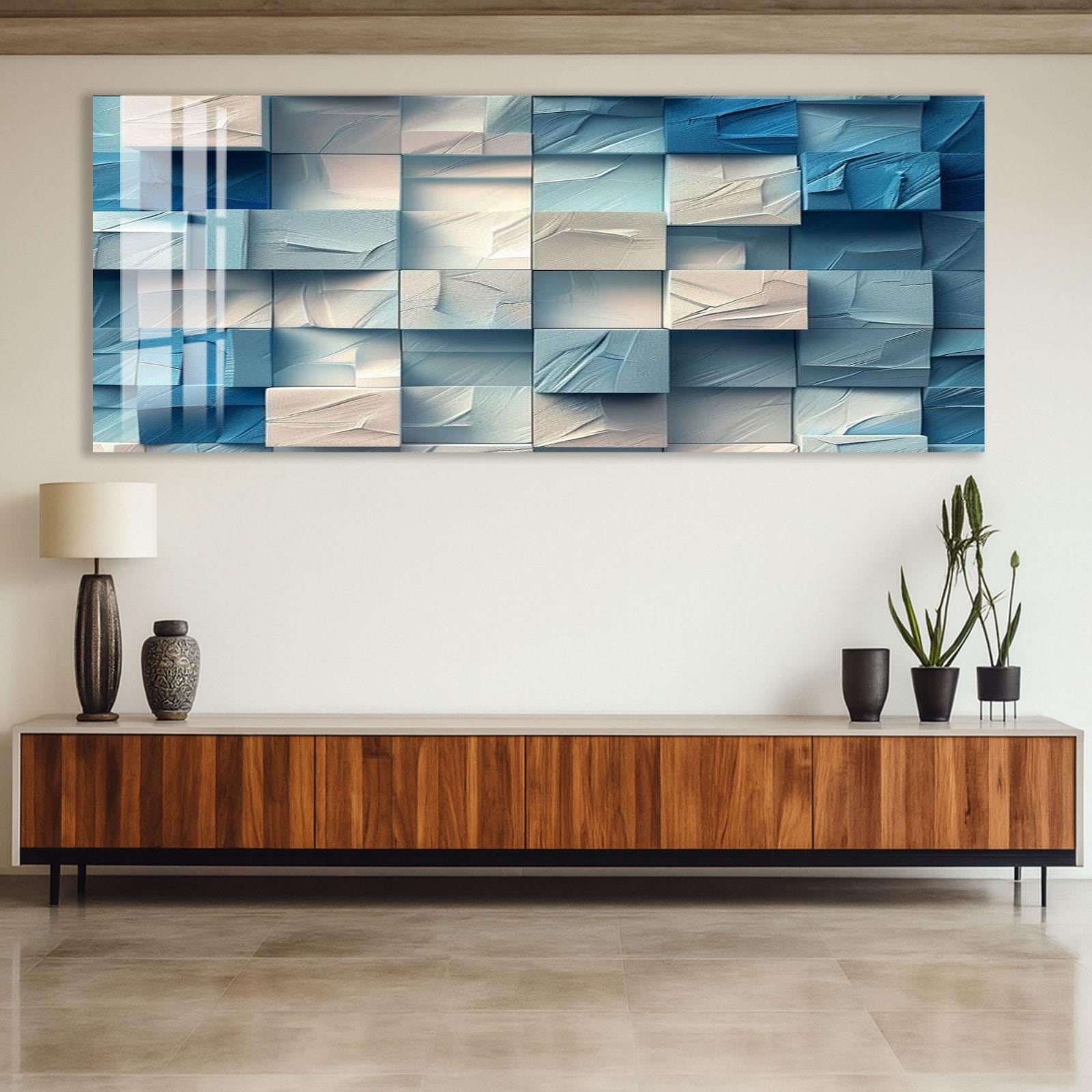 a modern interior design with a large abstract painting on the wall above a wooden cabinet. The cabinet has a sleek, contemporary design with a dark finish. On the cabinet, there are two black vases and two potted plants, adding a touch of greenery to the space. The overall aesthetic of the room is minimalist and sophisticated, with the artwork and furniture complementing each other.