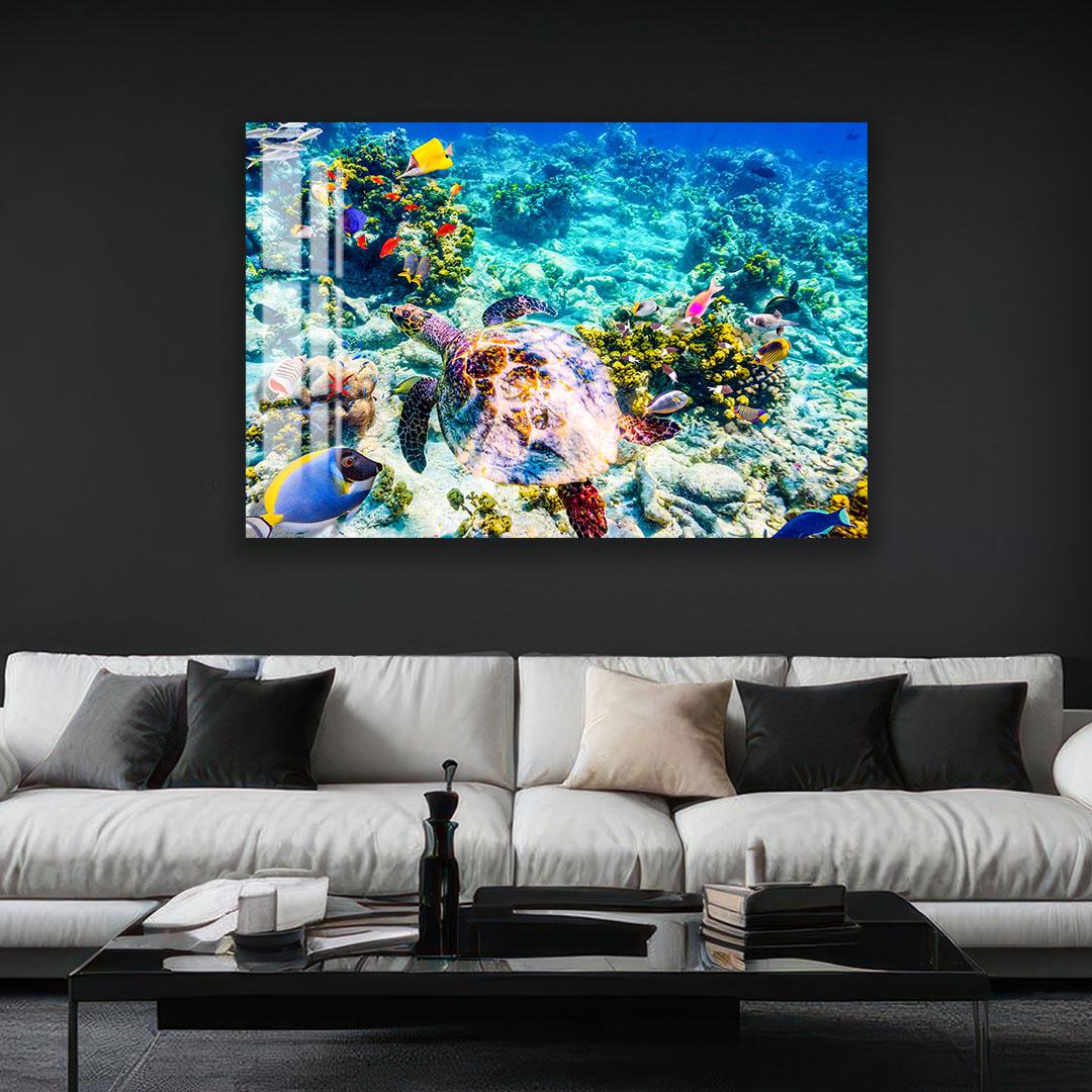 a vibrant underwater scene with a variety of colorful fish swimming amidst coral and other marine life.
