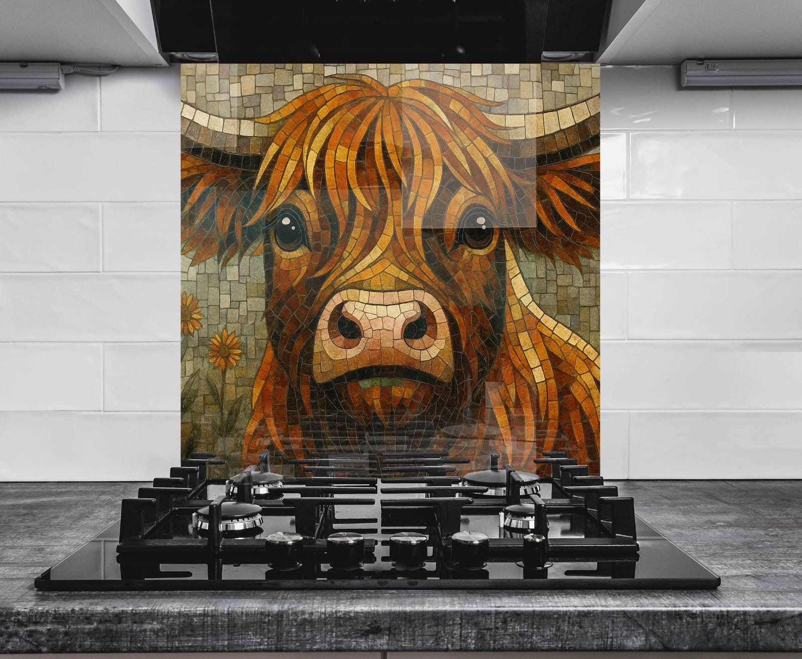 a painting of a cow on a tile wall