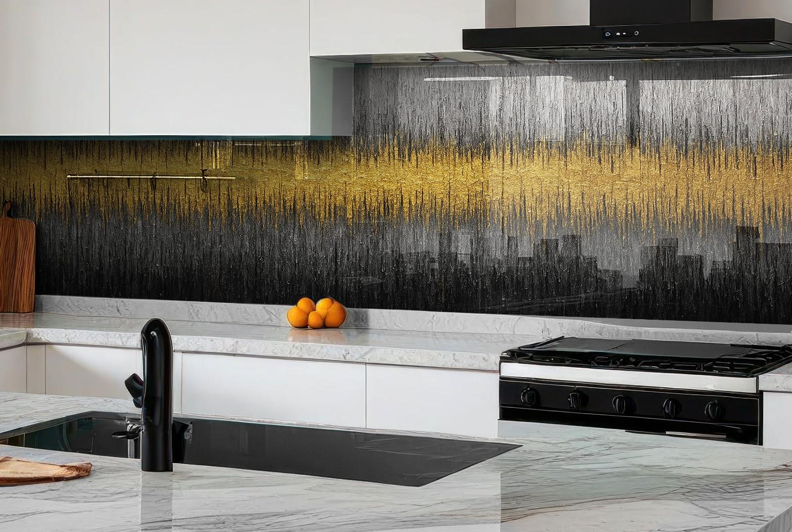 a kitchen with marble counter tops and white cabinets